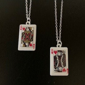 playing card necklace, queen of hearts jewelry, king of hearts necklace, queen heart necklace, king of hearts, poker jewelry, poker necklace