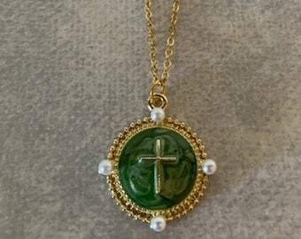 green and pearl cross necklace, green cross necklace, cross jewelry, cross necklace, gold cross necklace, cross gifts, religious gift, cross