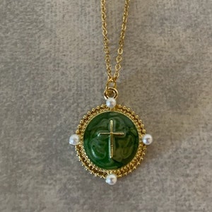 green and pearl cross necklace, green cross necklace, cross jewelry, cross necklace, gold cross necklace, cross gifts, religious gift, cross image 1