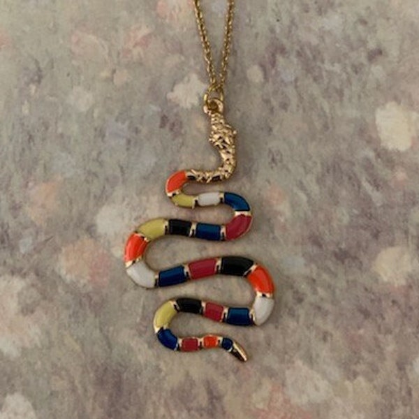 gold multi color snake necklace, snake necklace, snake jewelry, snake pendant, necklace snake, snake lover, snake gifts, reptile necklace