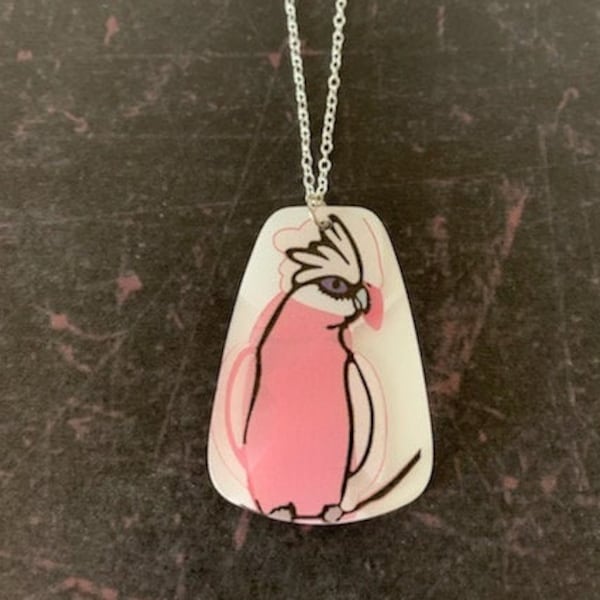 pink cockatoo necklace, cockatoo necklace, pink cockatoo, parrot necklace, parrot jewelry, parrot pendant, cockatoo bird, parrot lover gift
