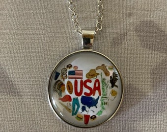 usa themed necklace, usa necklace, usa jewelry, usa pendant, usa them gift, usa themed gifts, united states map, united states gift, america