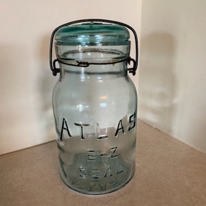 vintage aqua blue quart canning jar, vintage canning jars, antique canning jars, blue canning jars, vintage glass jars, atlas canning jars