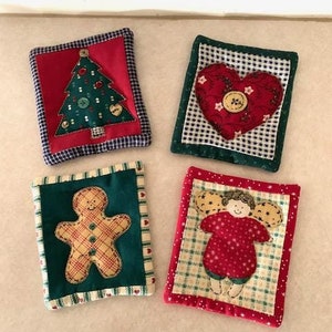 4 fabric christmas coasters, handmade coasters, christmas coasters, fabric coasters, shabby chic coasters, rustic coasters, coasters fabric