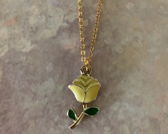 yellow rose necklace, yellow rose gift, yellow rose jewelry, yellow rose pendant, rose necklace, enamel rose pendant, necklace rose, rose