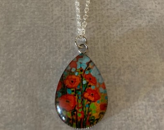 Fashion Van Gogh Poppy Field Glass Pendant Necklace Mens necklace Hot Sale Men And Women Wear Pendant Necklace Jewelry. 