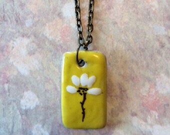 Yellow Necklace - Yellow Jewelry - Mustard Yellow Necklace - Ceramic Necklace - Ceramic Jewelry - Ceramic Pendant - Abstract Flower - Gift