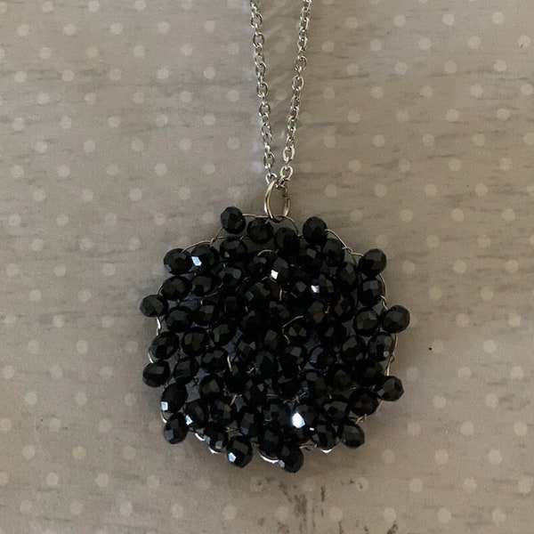black crystal beaded necklace, black bead necklace, black necklace, jet bead necklace, black pendant, necklace black, wire bead necklace