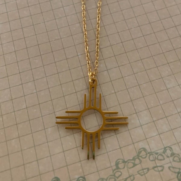 gold stainless zia sun necklace, zia necklace, zia symbol necklace, new mexico necklace, four directions, sun necklace, gold sun necklace