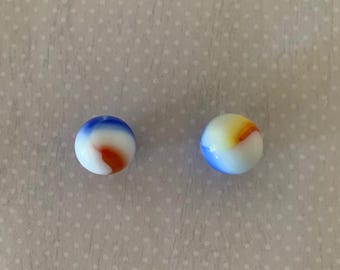 2 vintage opaque white, blue, red, yellow marbles, vintage marbles, antique marbles, marbles, marbles vintage, blue marbles, white marbles
