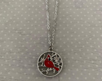 cardinal necklace, cardinal jewelry, cardinal pendant, cardinal gifts, red bird necklace, red bird pendant, bird on branch, silver and red