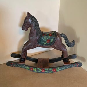 vintage holly themed rocking horse, tabletop rocking horse, vintage rocking horse, tabletop decor, vintage wood horse, vintage horse, horse