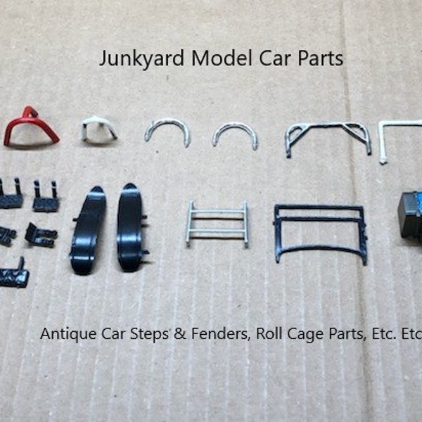 vintage model car parts, model car parts, vintage model cars, junkyard model, junkyard model, roll cage, vintage luggage rack, fender, model