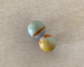 2 opaque blueish lavender base with orange/yellow swirls vintage marbles, vintage marbles, antique marbles, old marbles, marbles vintage