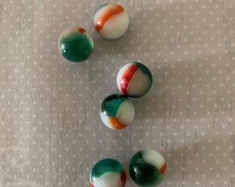 6 vintage transparent teal, rust, white marbles, teal marbles, transparent marbles, uv reactive marbles, vintage marbles, antique marbles