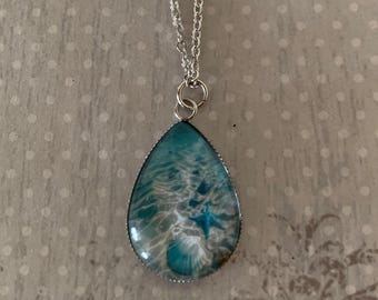 silver, aqua, white ocean waves & shells necklace, ocean waves necklace, sea shells necklace, ocean shells necklace, waves shells necklace