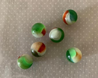 6 vintage transparent green, rust, white marbles, green marbles, transparent marbles, uv reactive marbles, vintage marbles, antique marbles
