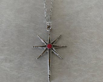 silver, pink stone 8 pt star necklace, silver star necklace, silver star pendant, silver star jewelry, 8 point star necklace, necklace star