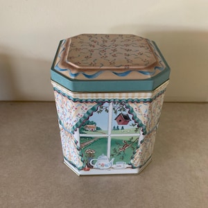 vintage window to farm hexagon tin, vintage tin box, vintage tin, decorative tin, hexagon tin, tin with lid, vintage decor, vintage box, tin