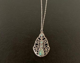 silver & iridescent stones necklace, moonstone necklace, moonstone pendant, water droplet necklace, water droplet pendant, iridescent stones