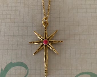 gold, pink stone 8 pt star necklace, gold star necklace, gold star pendant, gold star jewelry, 8 point star necklace, 8 point star pendant