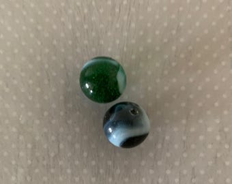 2 vintage transparent hunter green & white marbles, green white marbles, transparent marbles, vintage marbles, dark green marbles, 1960s