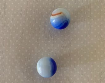 2 vintage opaque white, blue & brown marbles, vintage marbles, antique marbles, old marbles, marbles vintage, blue marbles, white marbles
