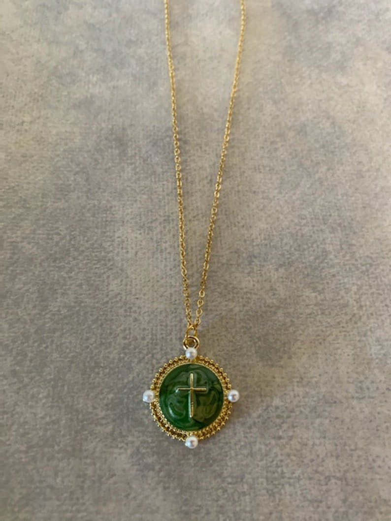 green and pearl cross necklace, green cross necklace, cross jewelry, cross necklace, gold cross necklace, cross gifts, religious gift, cross image 1