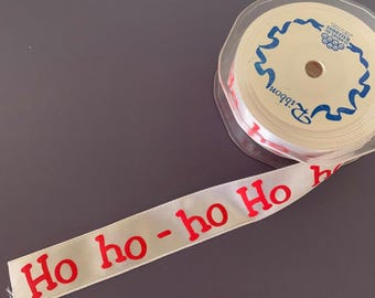 16 3/4 yds X 1 inch Ho ho - ho white satiny and red ribbon, ho ho ho ribbon, christmas ribbon, white satin ribbon, christmas craft ribbon