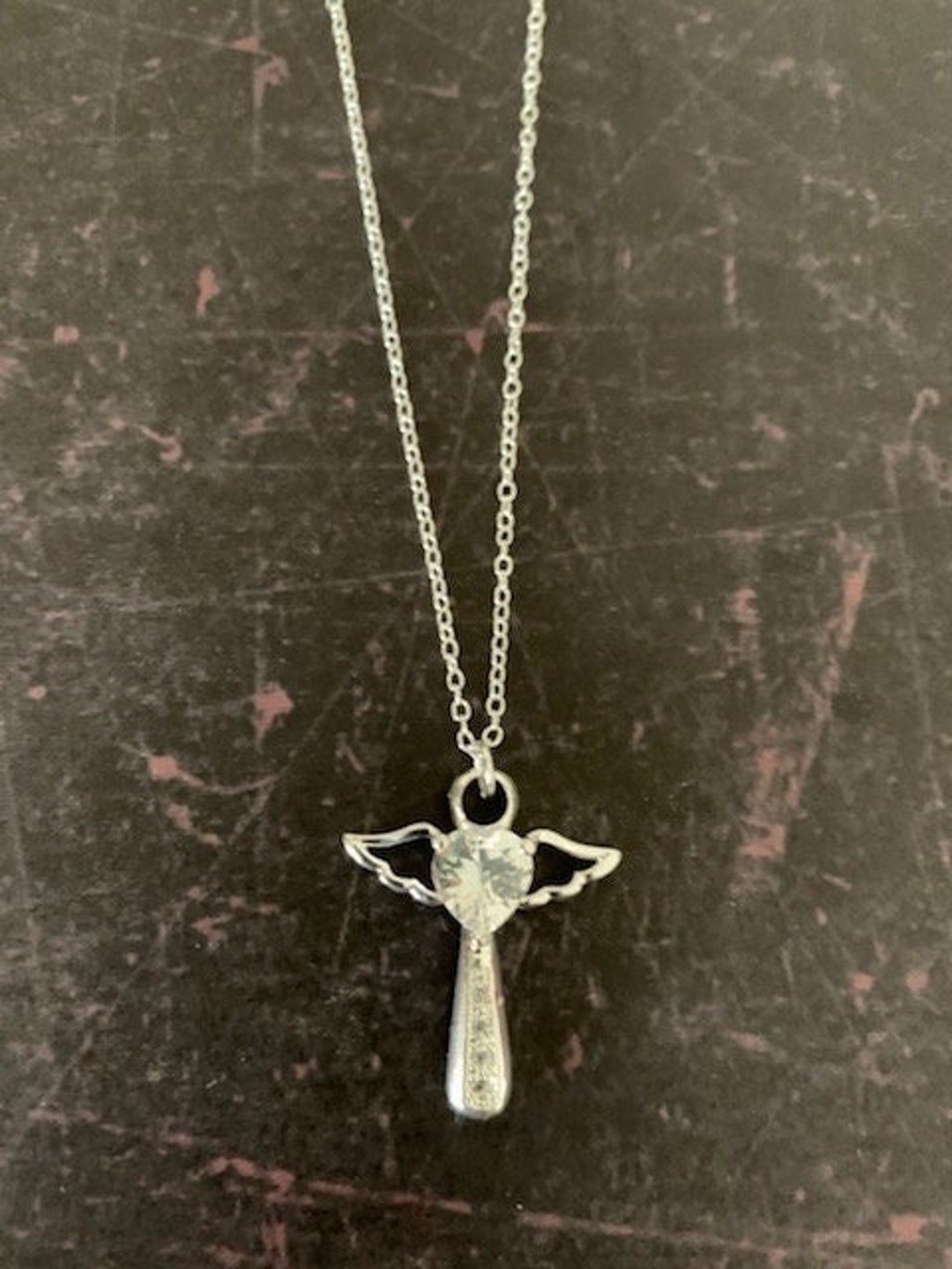 Wing and Cross Necklace, Silver Cross Necklace, Silver Wing Necklace, Heart Stone Necklace