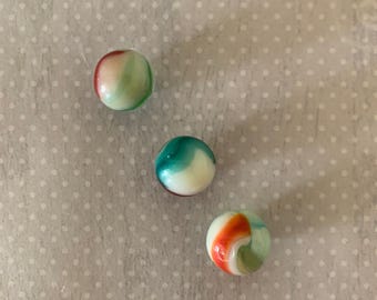 3 vintage multi color with ribbons marbles, antique marbles, vintage marbles, white marbles, uv reactive marbles, translucent marbles, 1960s