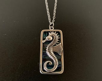 silver raised seahorse on teal necklace, seahorse necklace, sea horse necklace, seahorse jewelry, seahorse pendant, seahorse gifts, seahorse