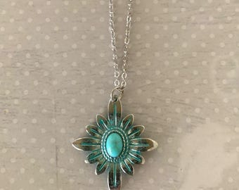 silver and aqua stone flower pendant, aqua pendant, silver flower pendant, southwest pendant, aqua flower, aqua stone, flower pendant, aqua