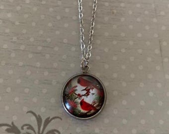 small cardinal necklace, cardinal jewelry, cardinal pendant, cardinal gifts, red bird necklace, red bird pendant, birds on branch, bird gift
