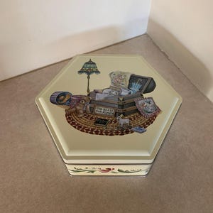 heirloom design vintage hexagon tin, vintage tin box, vintage tin, decorative tin, hexagon tin, tin with lid, vintage decor, vintage box