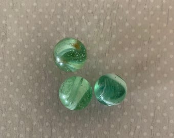3 translucent light green marbles w/opaque white swirls, light green marbles, antique marbles, vintage marbles, swirl marbles, white marbles
