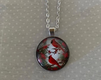 cardinal necklace, cardinal jewelry, cardinal pendant, cardinal gifts, red bird necklace, red bird pendant, bird on branch, silver and red