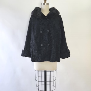 vintage 1960s black lambswool jacket / coat with mink fur collar - size medium