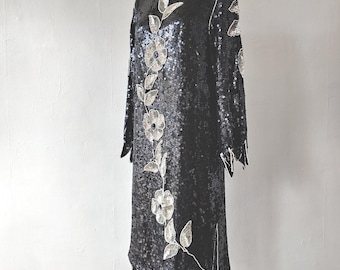 Vestido vintage de los años 80, negro y plateado, con lentejuelas, diseño floral y cuentas de perlas sintéticas.