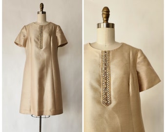 vintage 1960's gold beaded mod dress 1960's gold silk and wool mod dress sixties gold mod mini dress - medium
