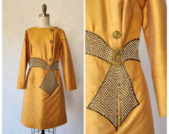 vintage original 1960's golden silk and wool cocktail formal party mod dress with beaded faux pearls and rhinestones - medium