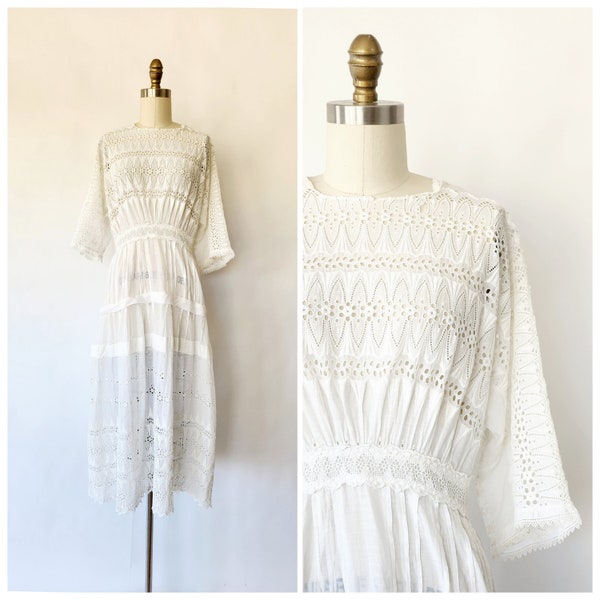 antique edwardian 1910's white lawn dress with eyelet lace dress / antique edwardian bridal - wedding dress - medium