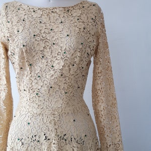 1950s lace dress - vintage 1950s cream lace fit and flare party dress with tiny emerald green rhinestones - size x small - 50s formal dress