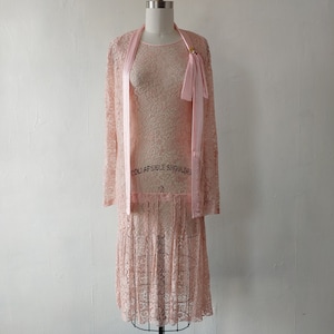 1920&#39;s pink lace dress and jacket | rare antique 20&#39;s art deco cotton silk lace dress and jacket set - size x small - flapper dress