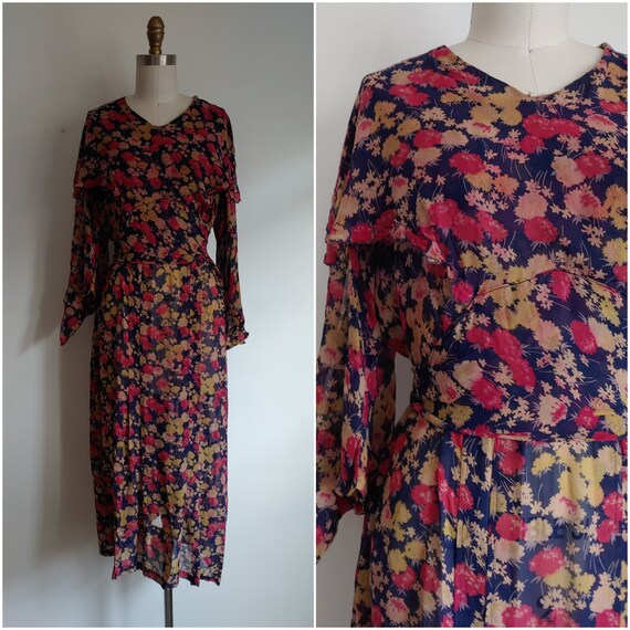 vintage 1930s floral silk chiffon dress - large