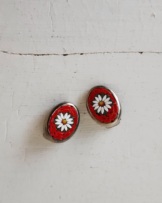 50s clip on earrings - vintage 1950's mosaic daisy