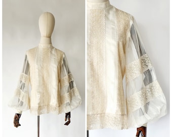 vintage 1980's does victorian high neck, lace and peasant puffed sleeve and satin blouse