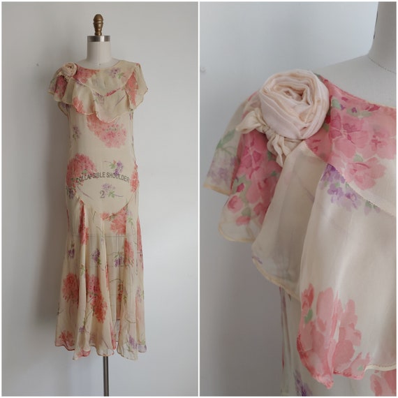 antique 1920s sheer silk chiffon floral print dres