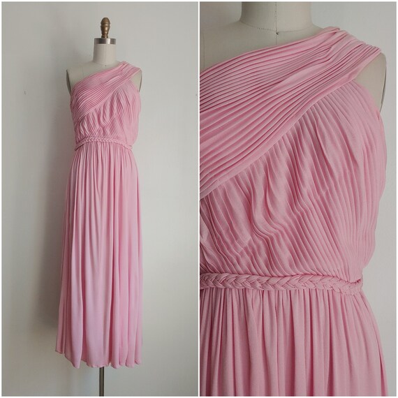 Vintage 1970s Malcolm Starr pink pleated one shoul