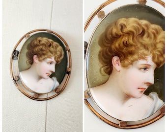 antique victorian / edwardian limoges porcelain and enamel portrait brooch original antique brooch antique jewelry / jewellery - unique gift